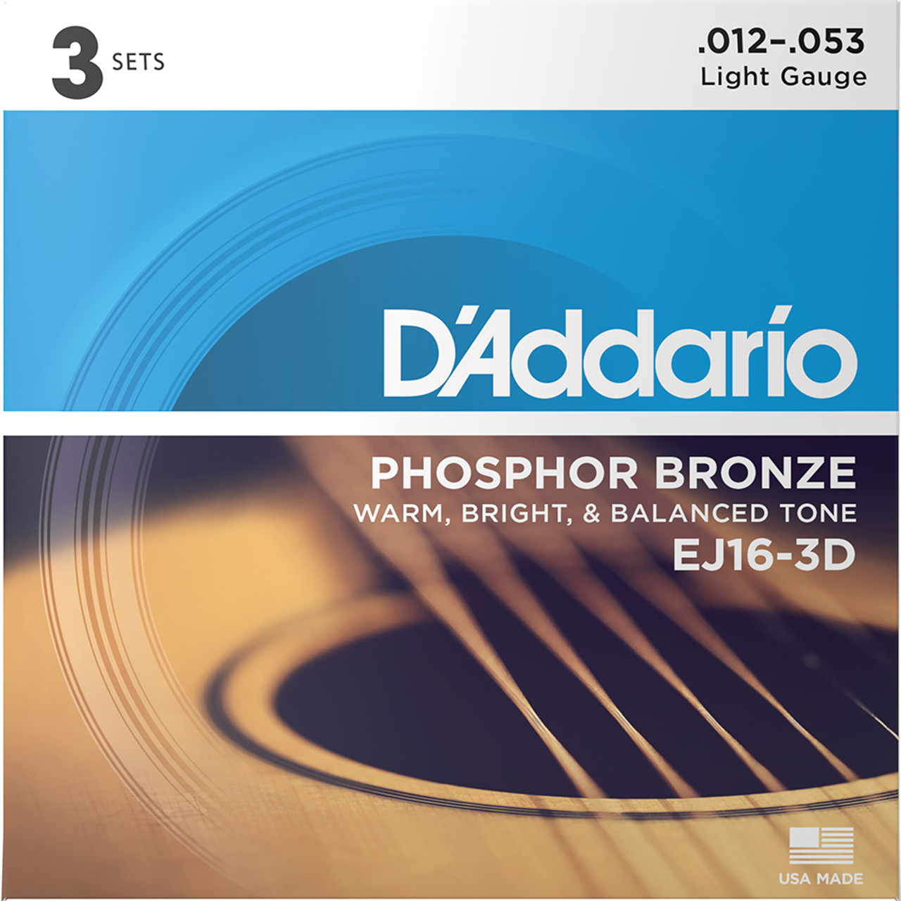 D'Addario 3 Pack EJ Phosphor Bronze Acoustic Guitar Strings EJ16-3D Light  12-53