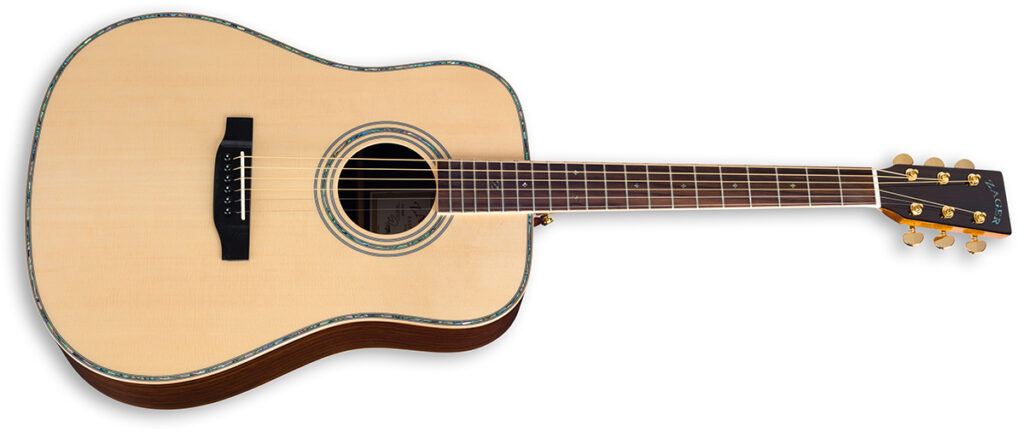 Dreadnought guitar with a natural wood finish and a classic body shape