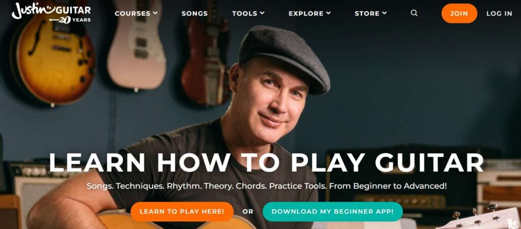 The Justin Guitar website promotes guitar learning with a focus on various aspects such as songs, techniques, rhythm, theory, chords, and practice tools. 