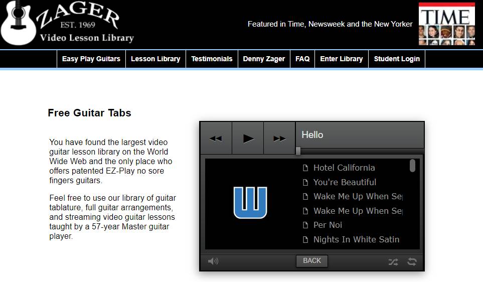 Zager Video Lesson Library webpage offers a variety of free guitar tabs and resources for guitar learners. 