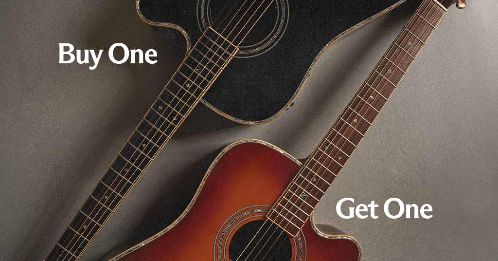 Image of two guitars with text that says buy one get one